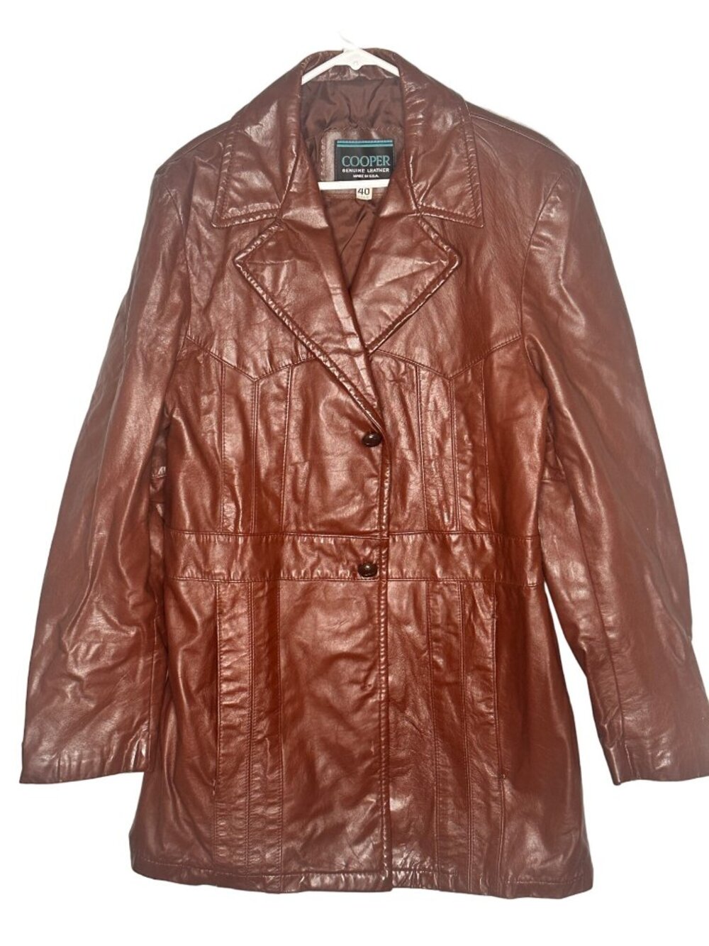Vintage Cooper Genuine Leather Jacket Men's 40L Brown Button-Up Trench Retro 70s